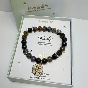 Love This Life Jasper Stone Beaded Family Tree Charm Stretch Bracelet New